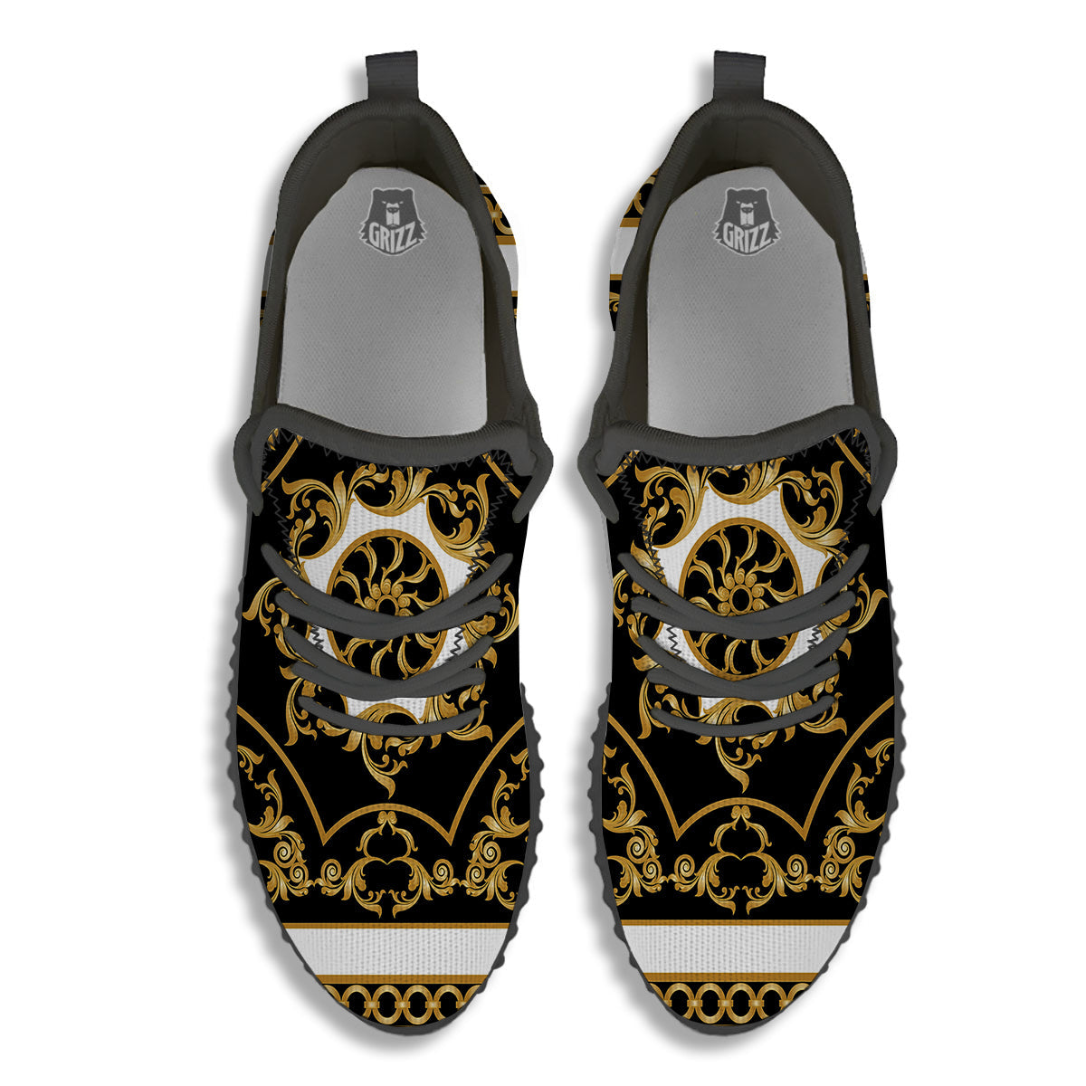 Golden Floral Baroque Black White Print Black Walking Shoes-grizzshop