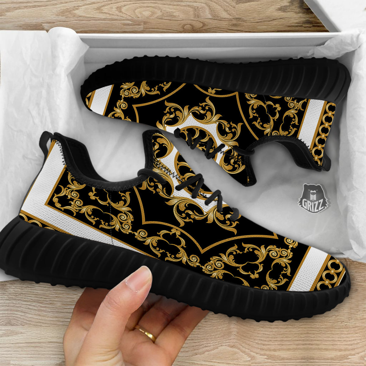 Golden Floral Baroque Black White Print Black Walking Shoes-grizzshop