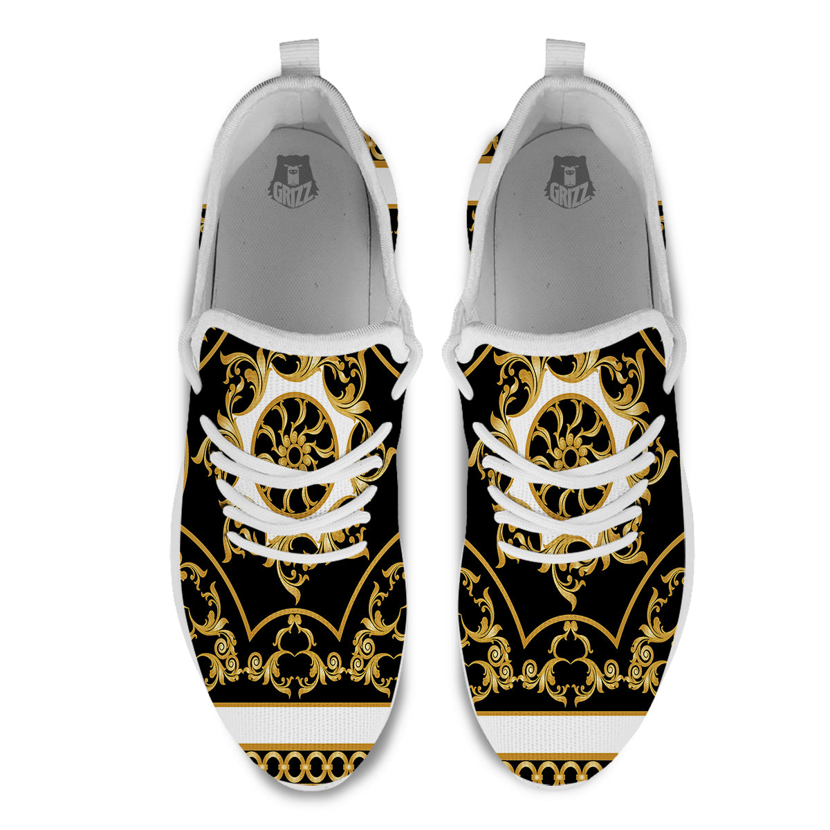 Golden Floral Baroque Black White Print White Athletic Shoes-grizzshop