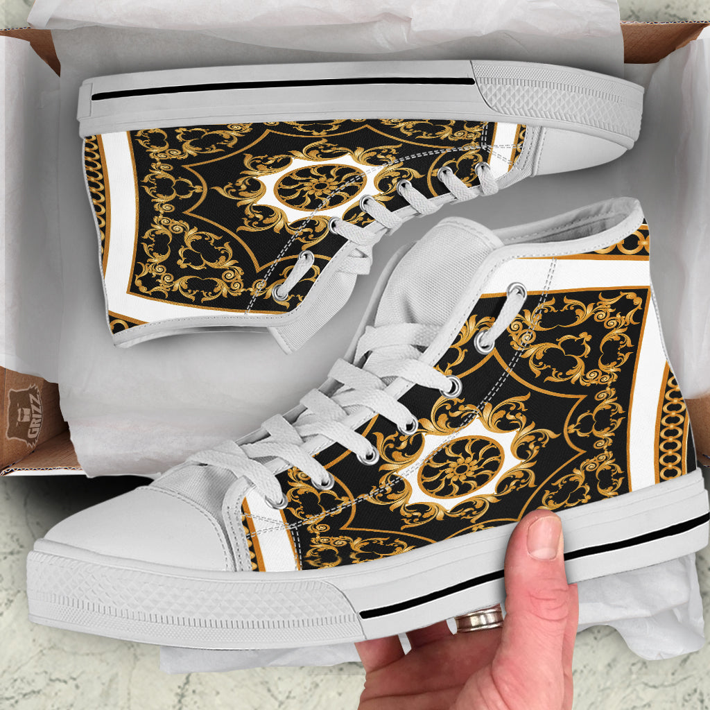 Golden Floral Baroque Black White Print White High Top Shoes-grizzshop