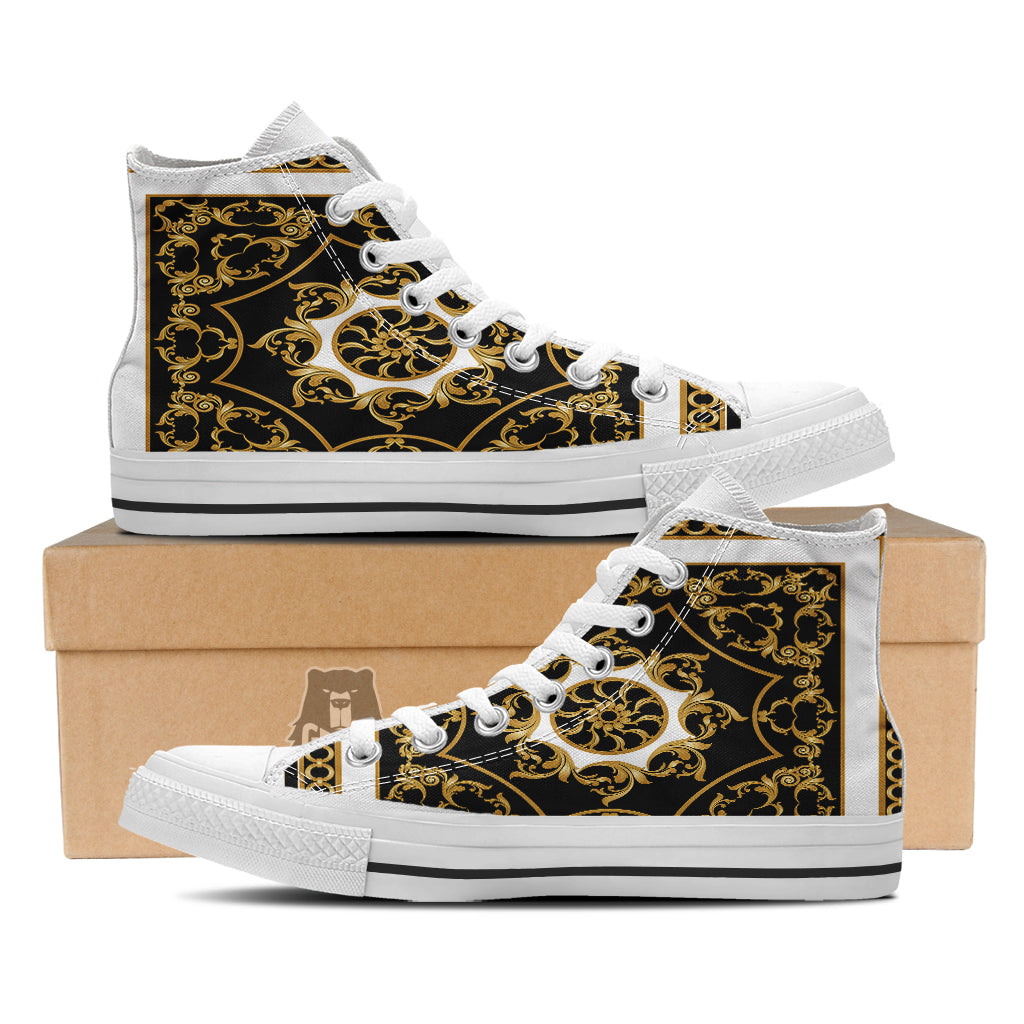 Golden Floral Baroque Black White Print White High Top Shoes-grizzshop