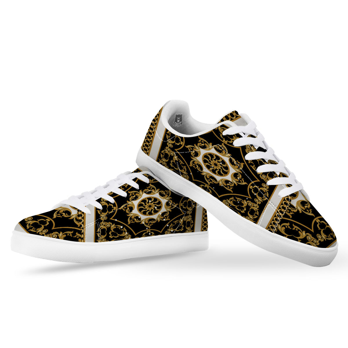 Golden Floral Baroque Black White Print White Low Top Sneakers-grizzshop