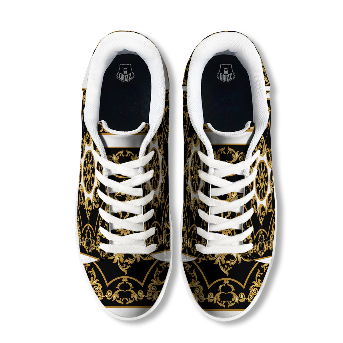 Golden Floral Baroque Black White Print White Low Top Sneakers-grizzshop