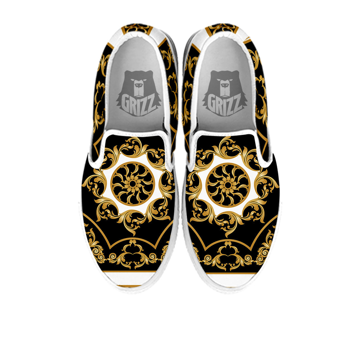Golden Floral Baroque Black White Print White Slip On Shoes-grizzshop