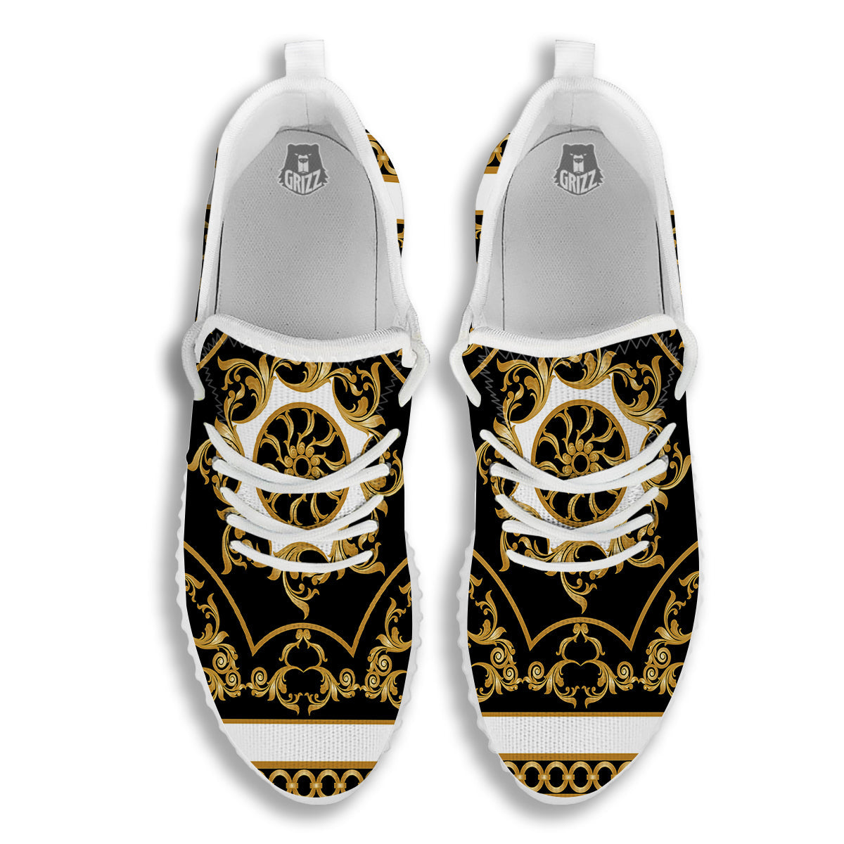 Golden Floral Baroque Black White Print White Walking Shoes-grizzshop