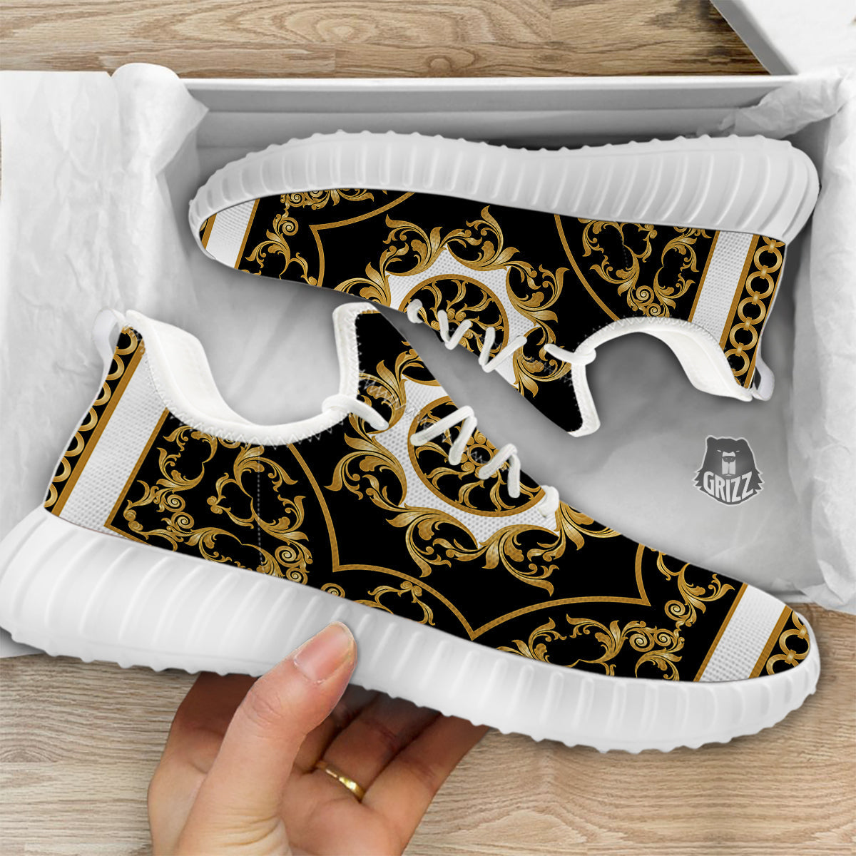 Golden Floral Baroque Black White Print White Walking Shoes-grizzshop