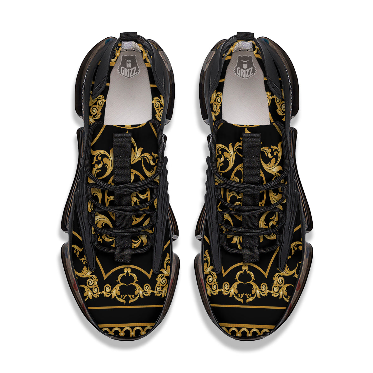 Golden Floral Baroque Print Black Gym Shoes-grizzshop