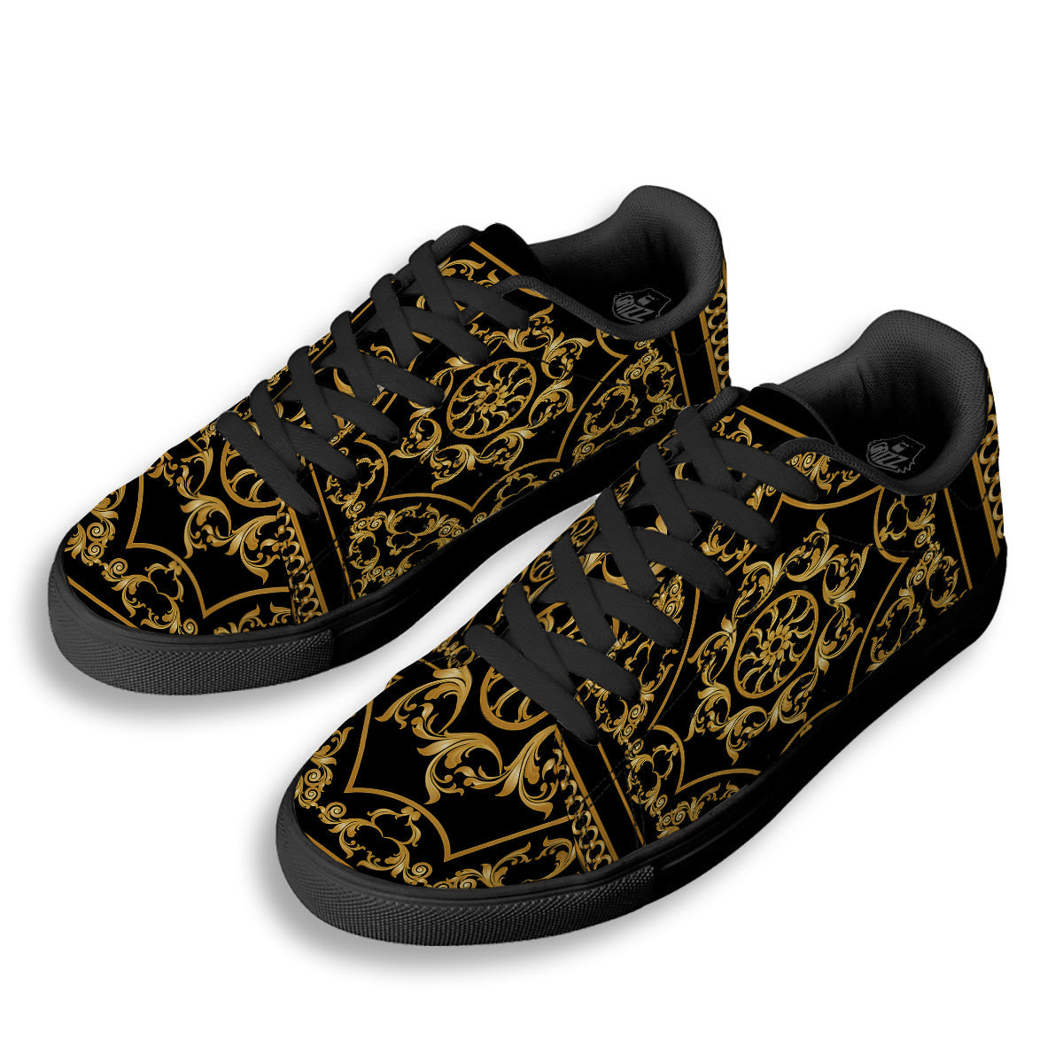 Golden Floral Baroque Print Black Low Top Sneakers-grizzshop