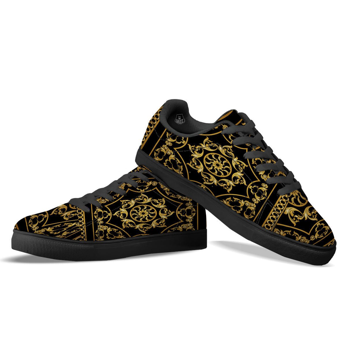 Golden Floral Baroque Print Black Low Top Sneakers-grizzshop