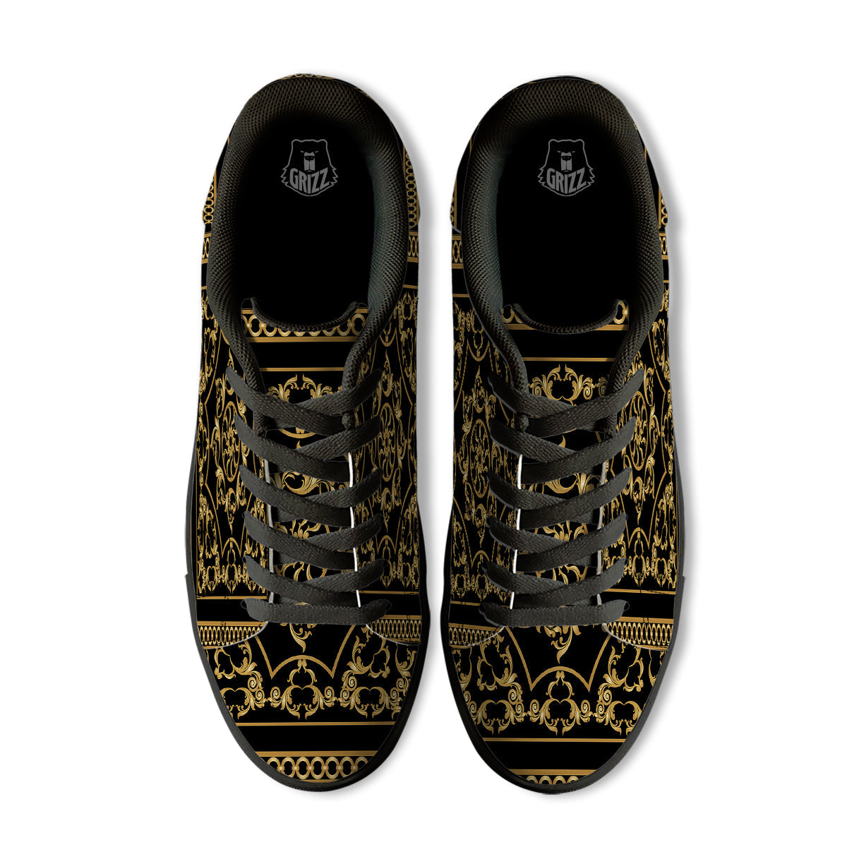 Golden Floral Baroque Print Black Low Top Sneakers-grizzshop