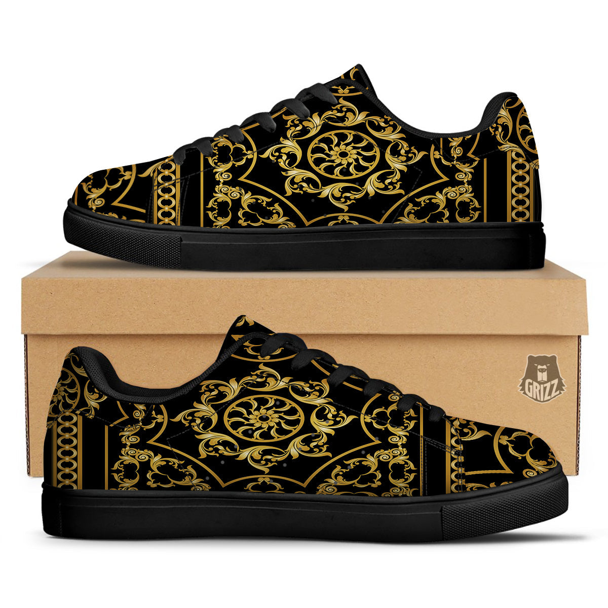 Golden Floral Baroque Print Black Low Top Sneakers-grizzshop