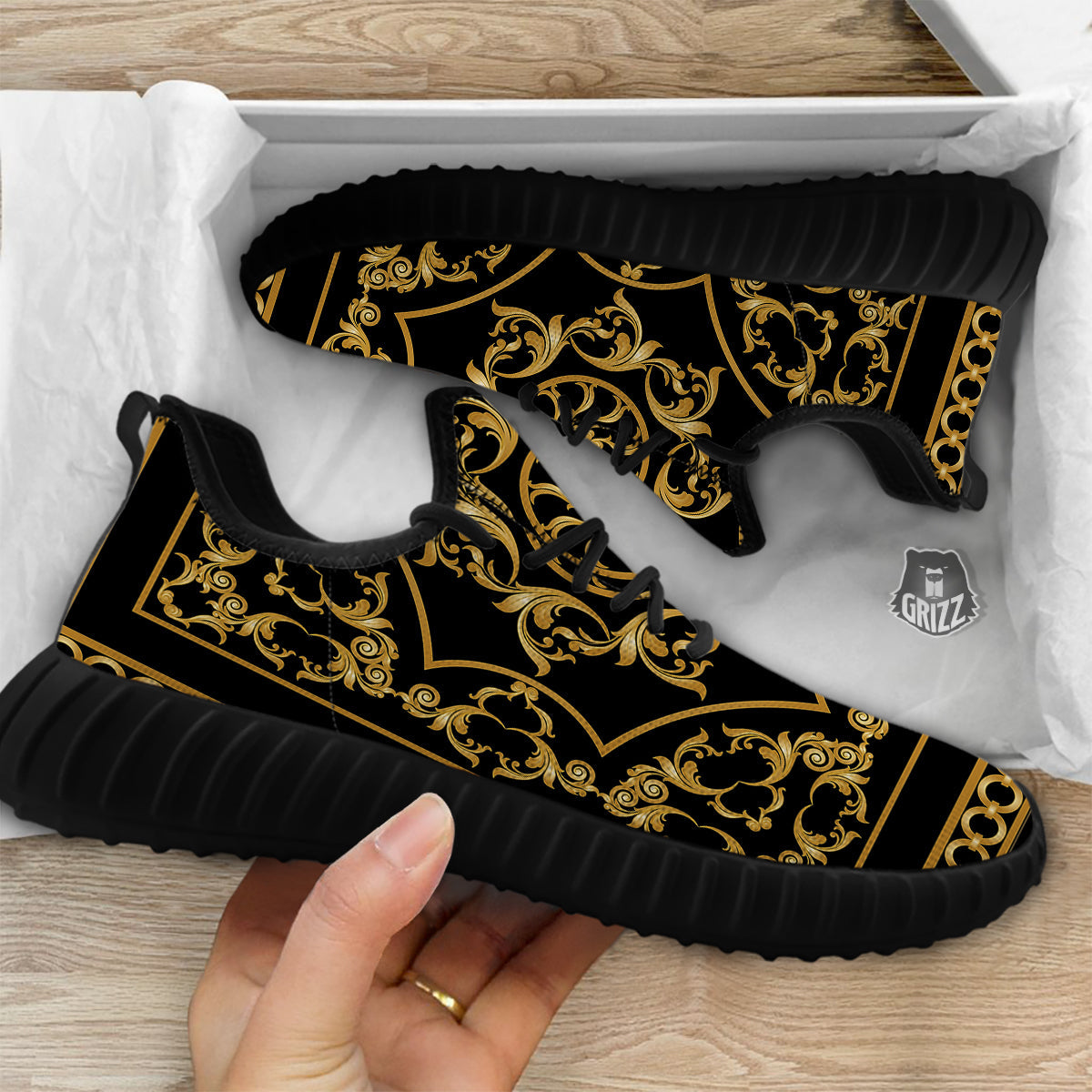 Golden Floral Baroque Print Black Walking Shoes-grizzshop
