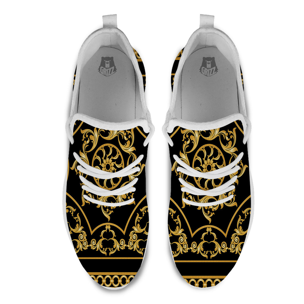Golden Floral Baroque Print White Athletic Shoes-grizzshop