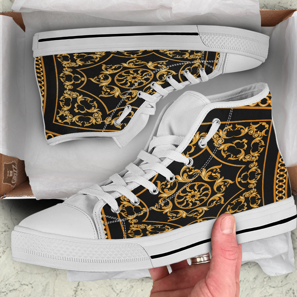 Golden Floral Baroque Print White High Top Shoes-grizzshop