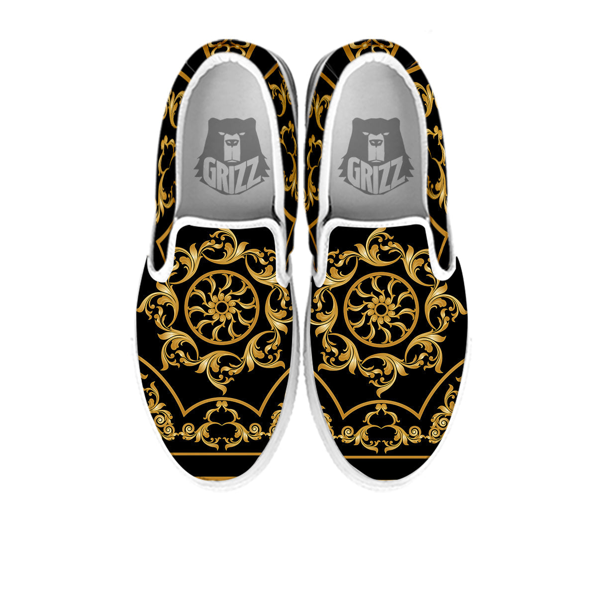Golden Floral Baroque Print White Slip On Shoes-grizzshop