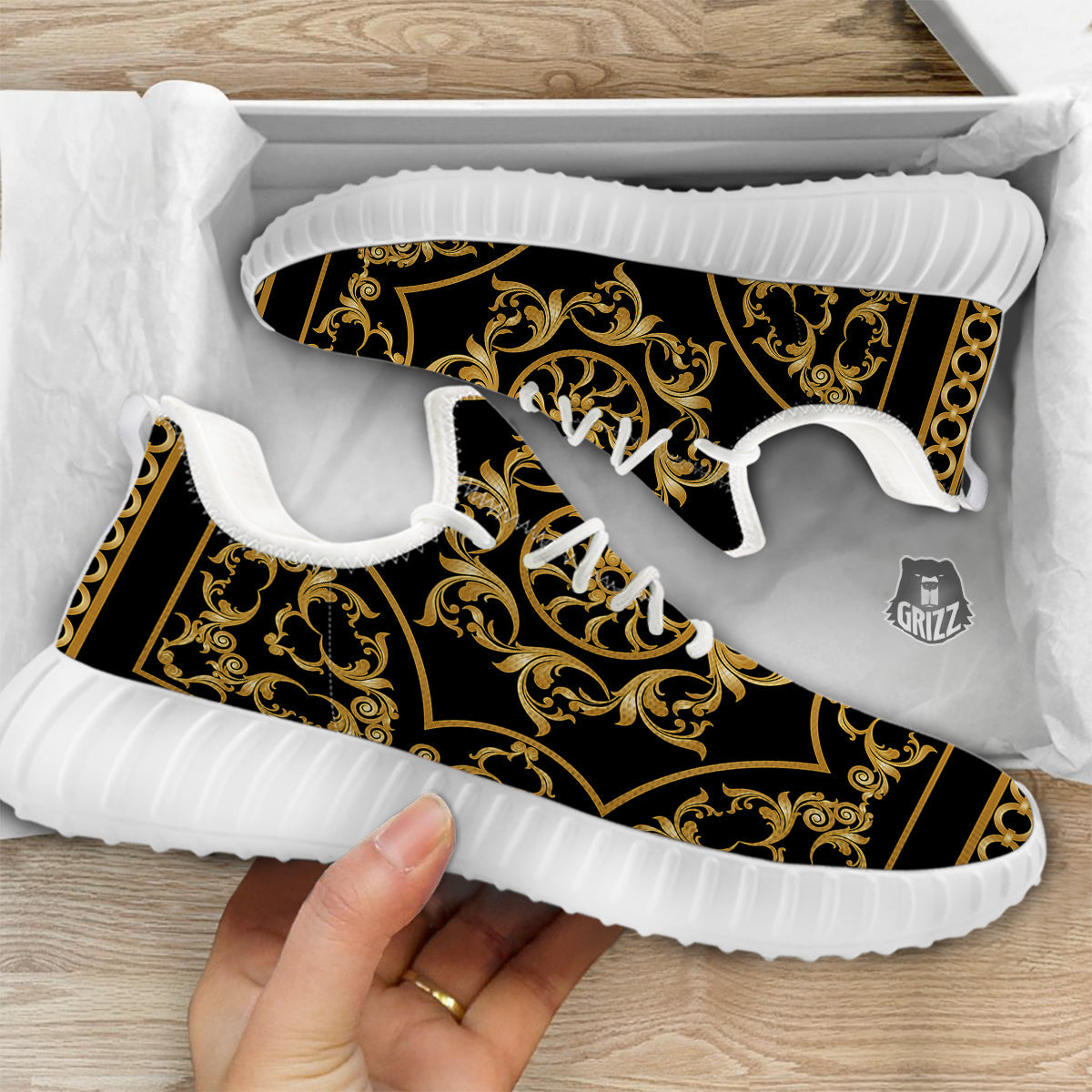 Golden Floral Baroque Print White Walking Shoes-grizzshop