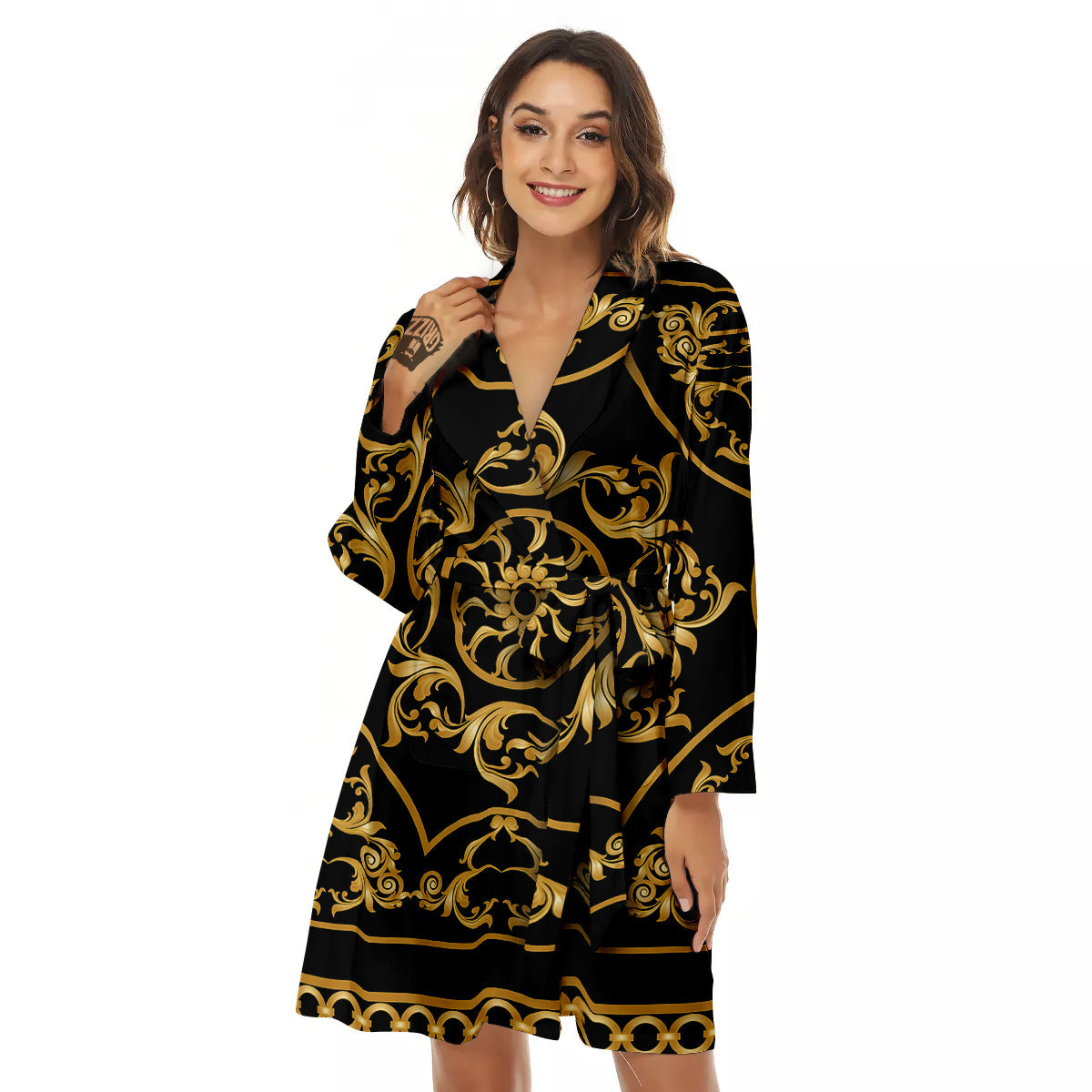 Golden Floral Baroque Print Women's Robe-grizzshop