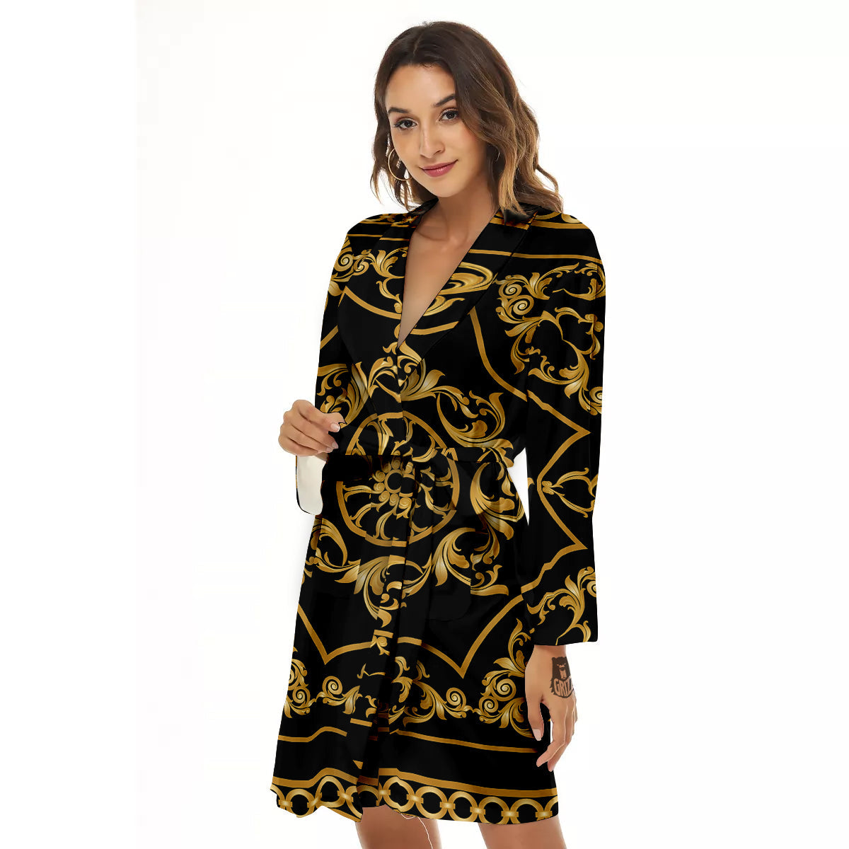 Golden Floral Baroque Print Women's Robe-grizzshop