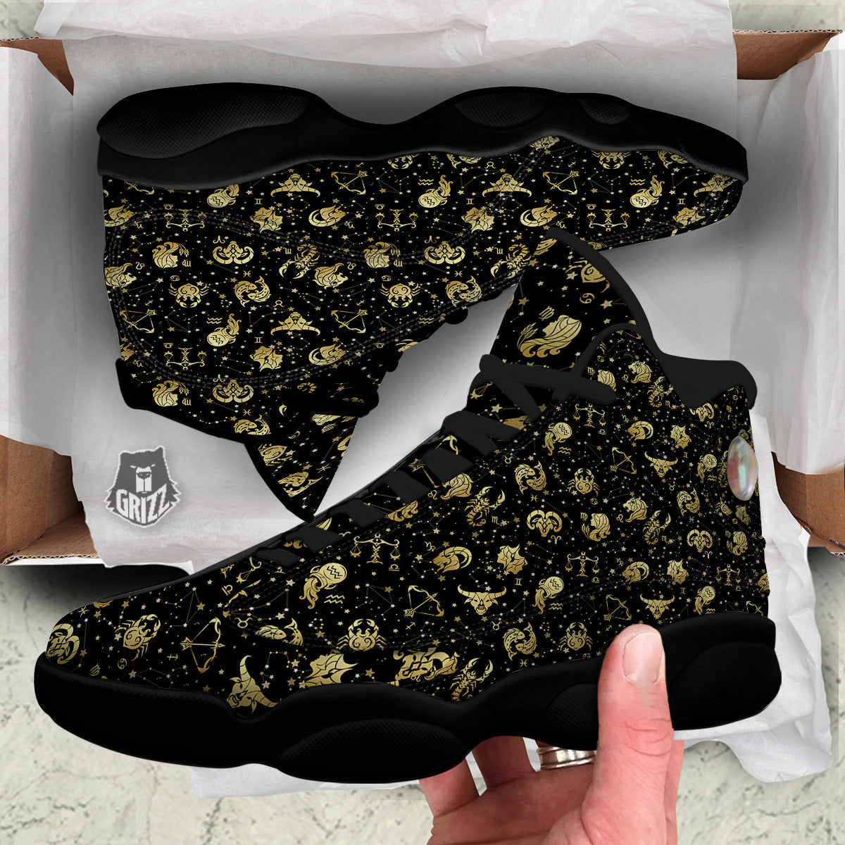 Golden Horoscope Zodiac Signs Print Pattern Black Basketball Shoes-grizzshop