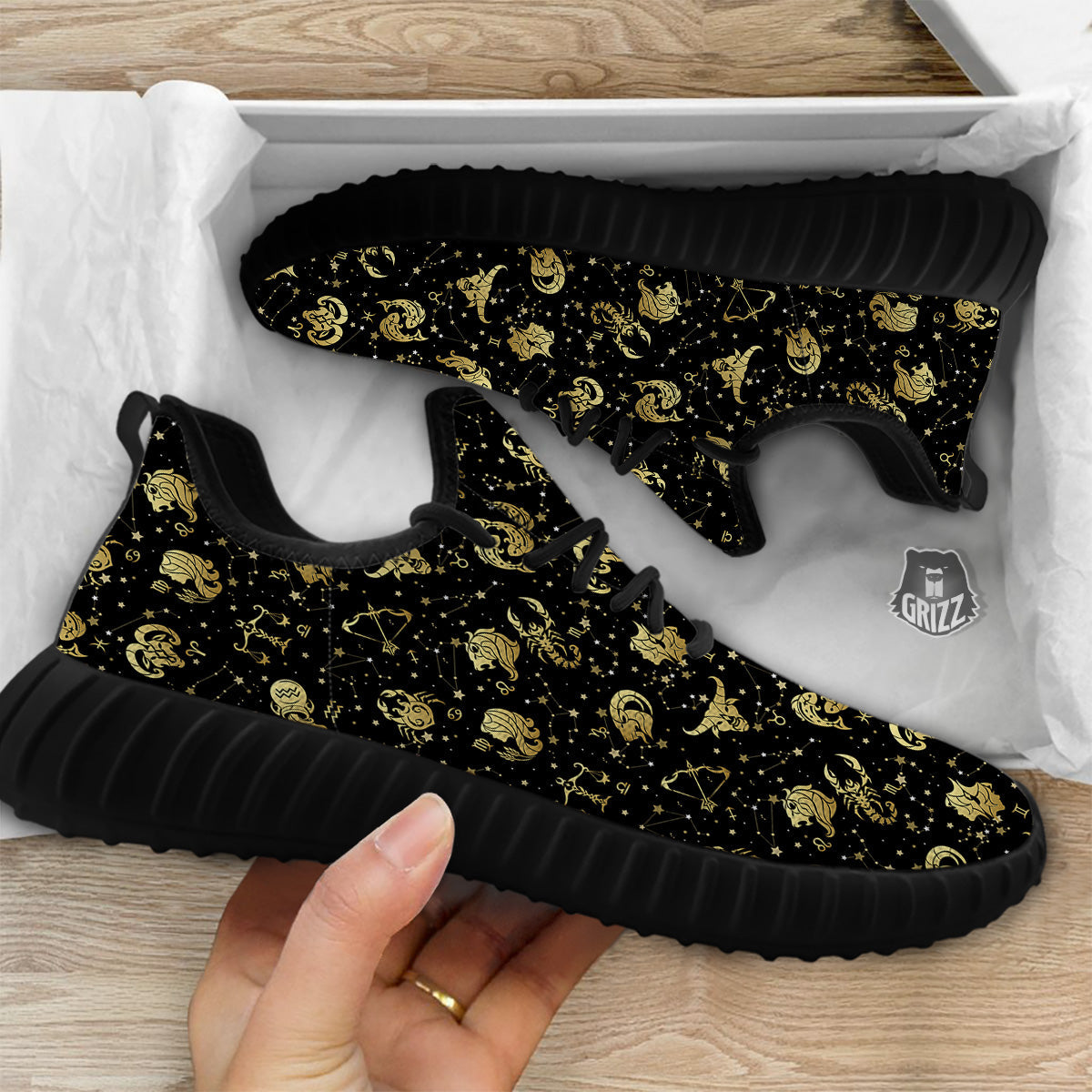 Golden Horoscope Zodiac Signs Print Pattern Black Walking Shoes-grizzshop