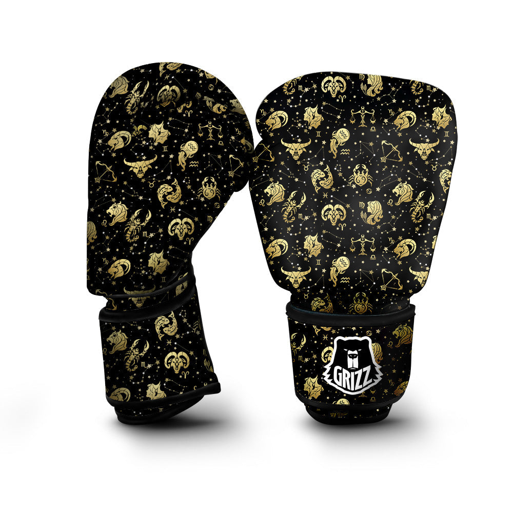 Golden Horoscope Zodiac Signs Print Pattern Boxing Gloves-grizzshop