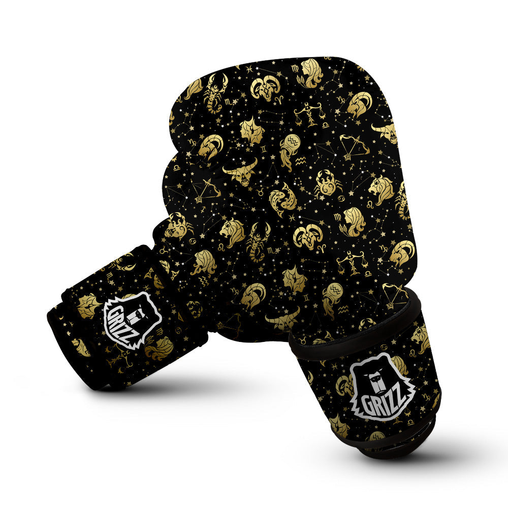 Golden Horoscope Zodiac Signs Print Pattern Boxing Gloves-grizzshop