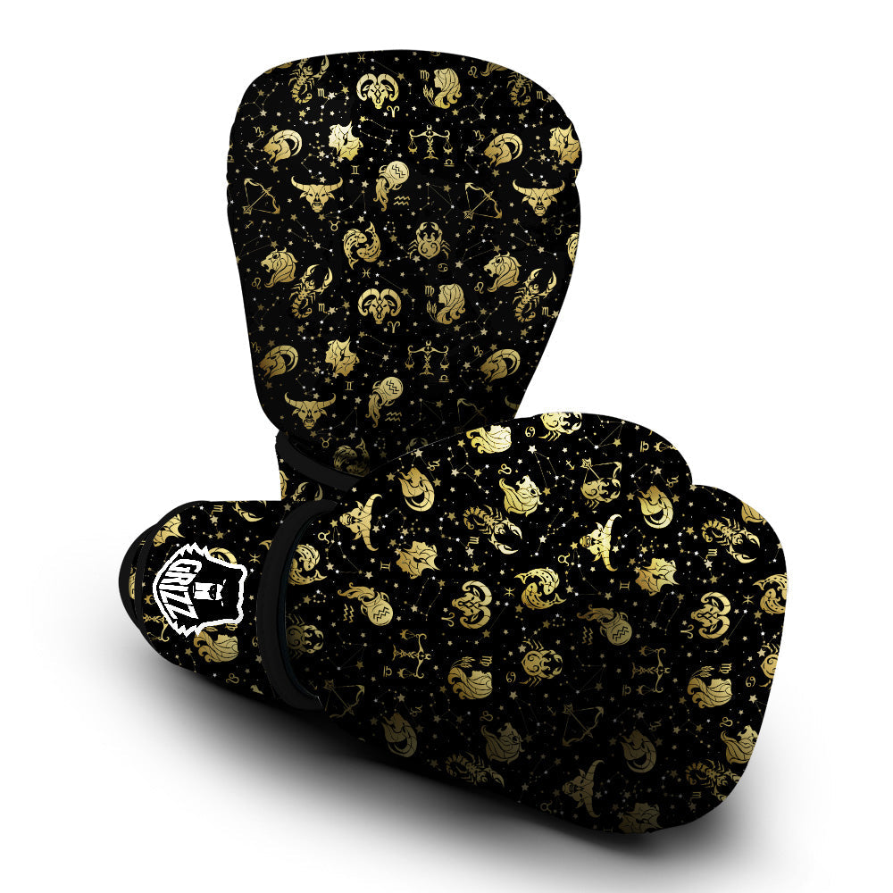Golden Horoscope Zodiac Signs Print Pattern Boxing Gloves-grizzshop