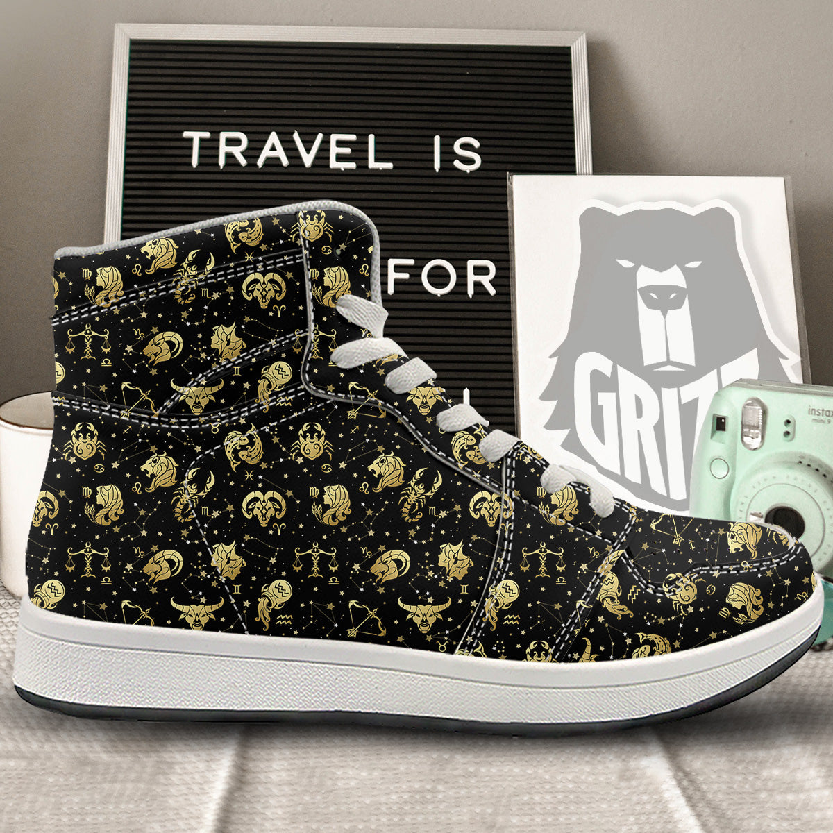 Golden Horoscope Zodiac Signs Print Pattern High Top Sneakers-grizzshop