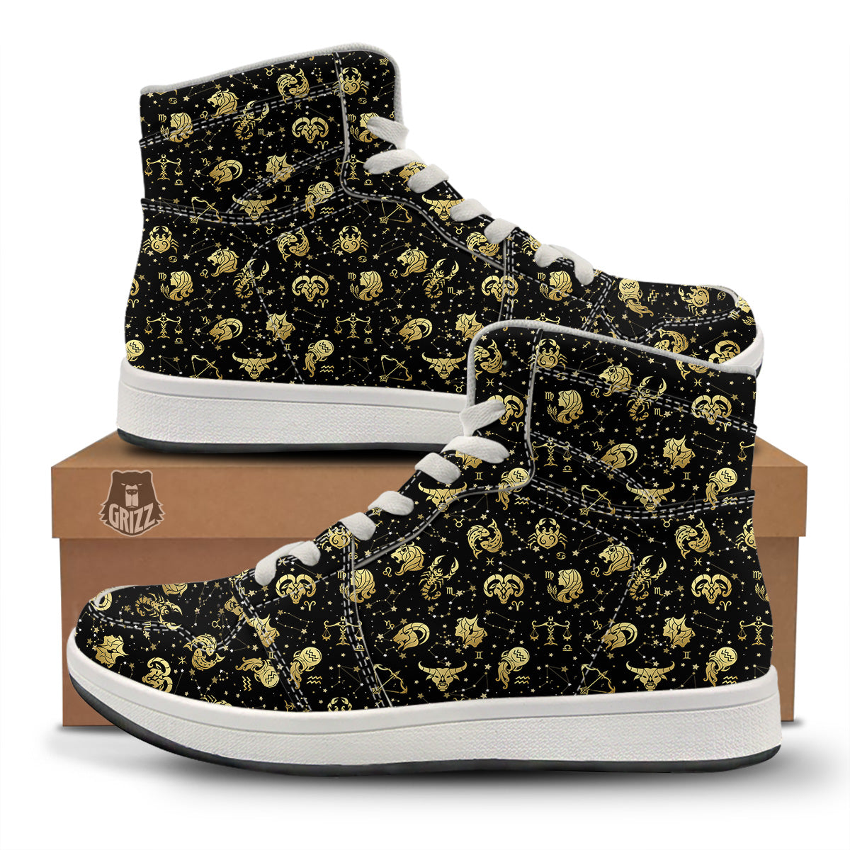 Golden Horoscope Zodiac Signs Print Pattern High Top Sneakers-grizzshop