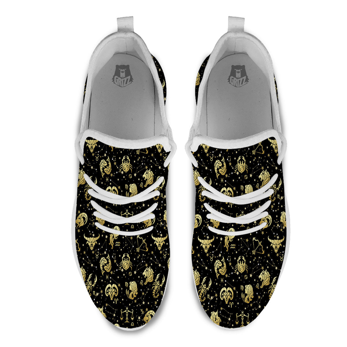 Golden Horoscope Zodiac Signs Print Pattern White Athletic Shoes-grizzshop