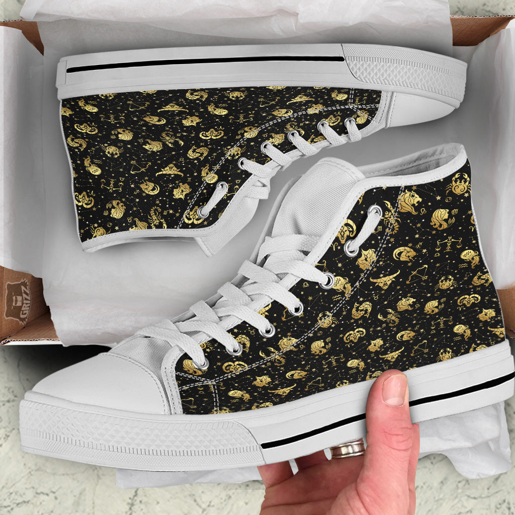 Golden Horoscope Zodiac Signs Print Pattern White High Top Shoes-grizzshop