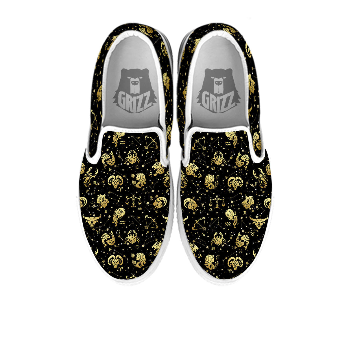 Golden Horoscope Zodiac Signs Print Pattern White Slip On Shoes-grizzshop