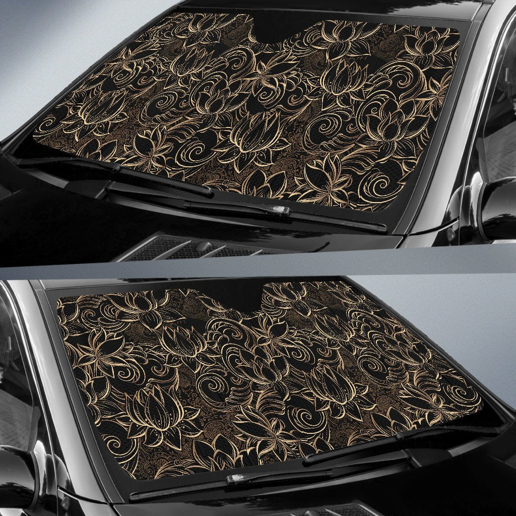 Golden Lotus Pattern Print Car Sun Shade-grizzshop