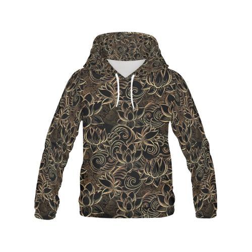 Golden Lotus Pattern Print Women Pullover Hoodie-grizzshop