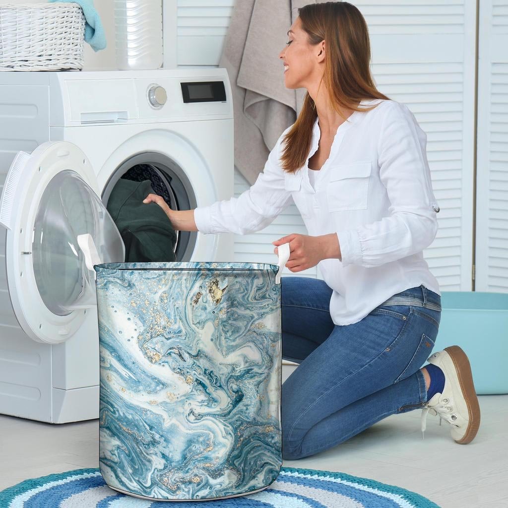 Golden Powder Blue Marble Laundry Basket-grizzshop