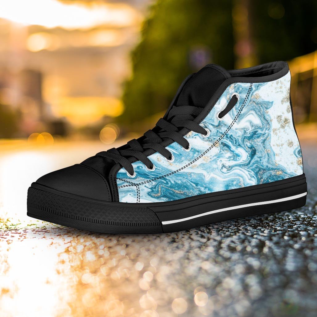 Golden Powder Blue Marble Women's High Top Shoes-grizzshop
