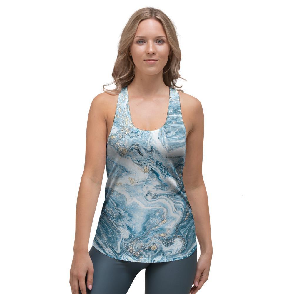 Golden Powder Blue Marble Women's Racerback Tank Top-grizzshop