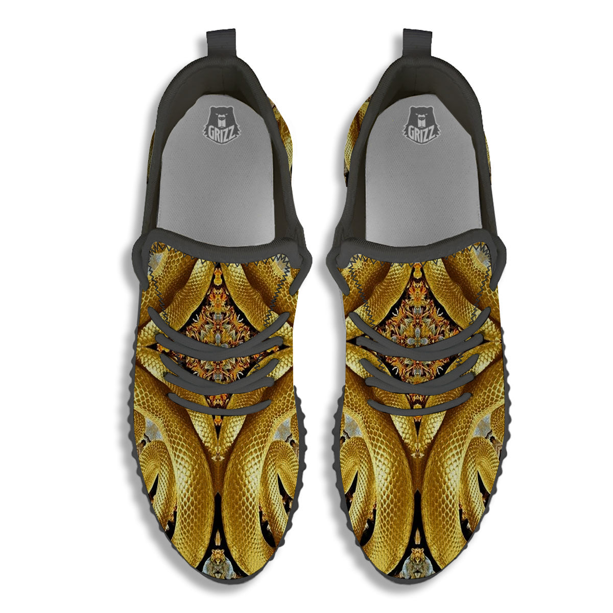 Golden Snake Kaleidoscope Print Black Walking Shoes-grizzshop