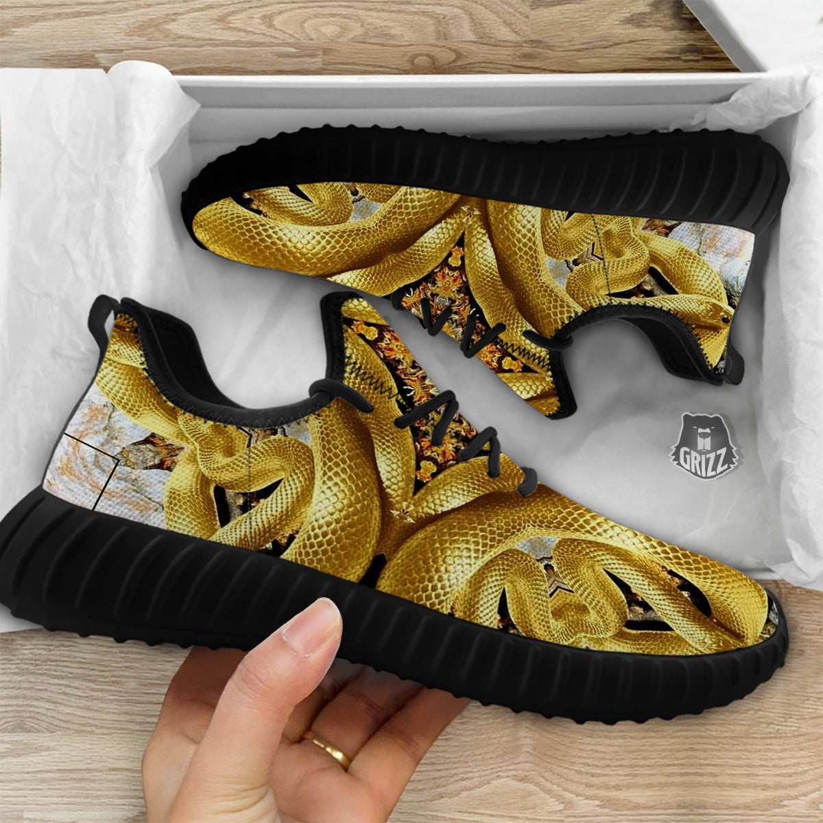 Golden Snake Kaleidoscope Print Black Walking Shoes-grizzshop