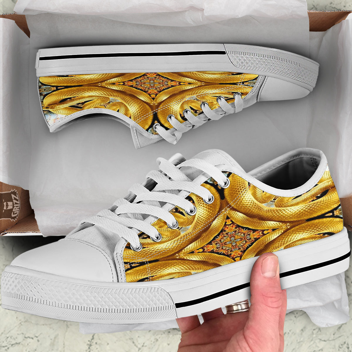Golden Snake Kaleidoscope Print White Low Top Shoes-grizzshop
