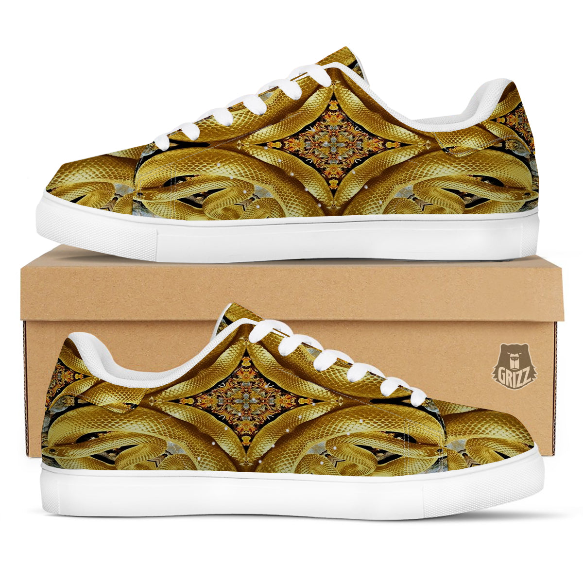 Golden Snake Kaleidoscope Print White Low Top Sneakers-grizzshop