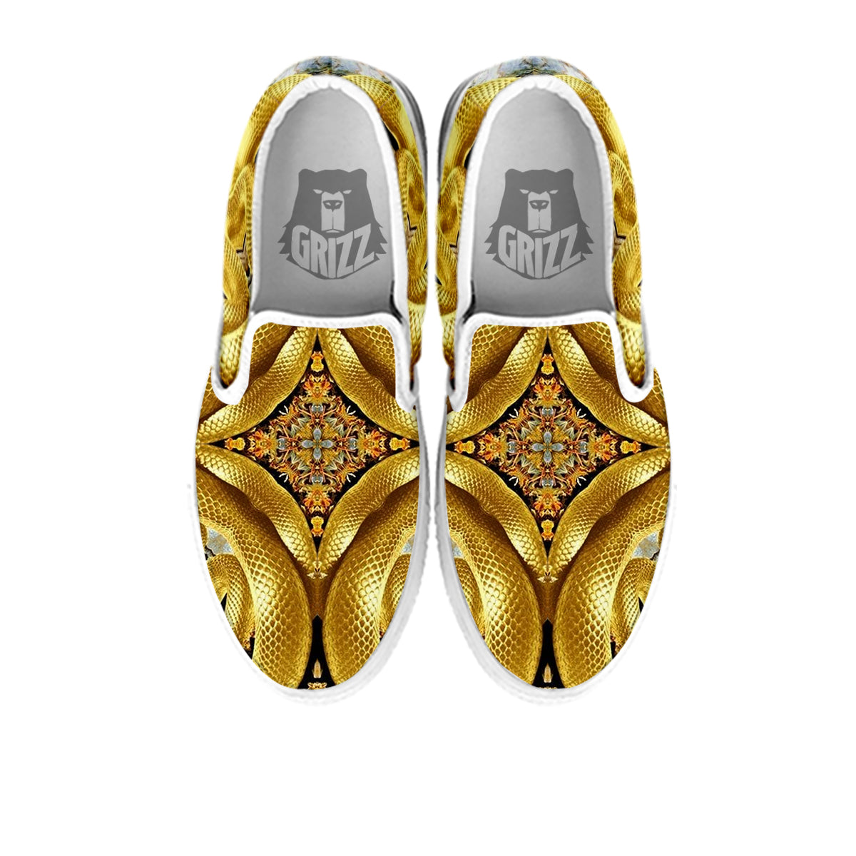 Golden Snake Kaleidoscope Print White Slip On Shoes-grizzshop