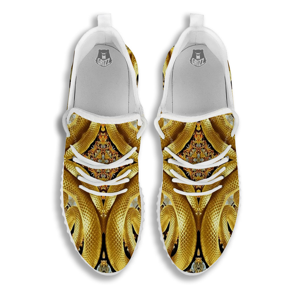 Golden Snake Kaleidoscope Print White Walking Shoes-grizzshop