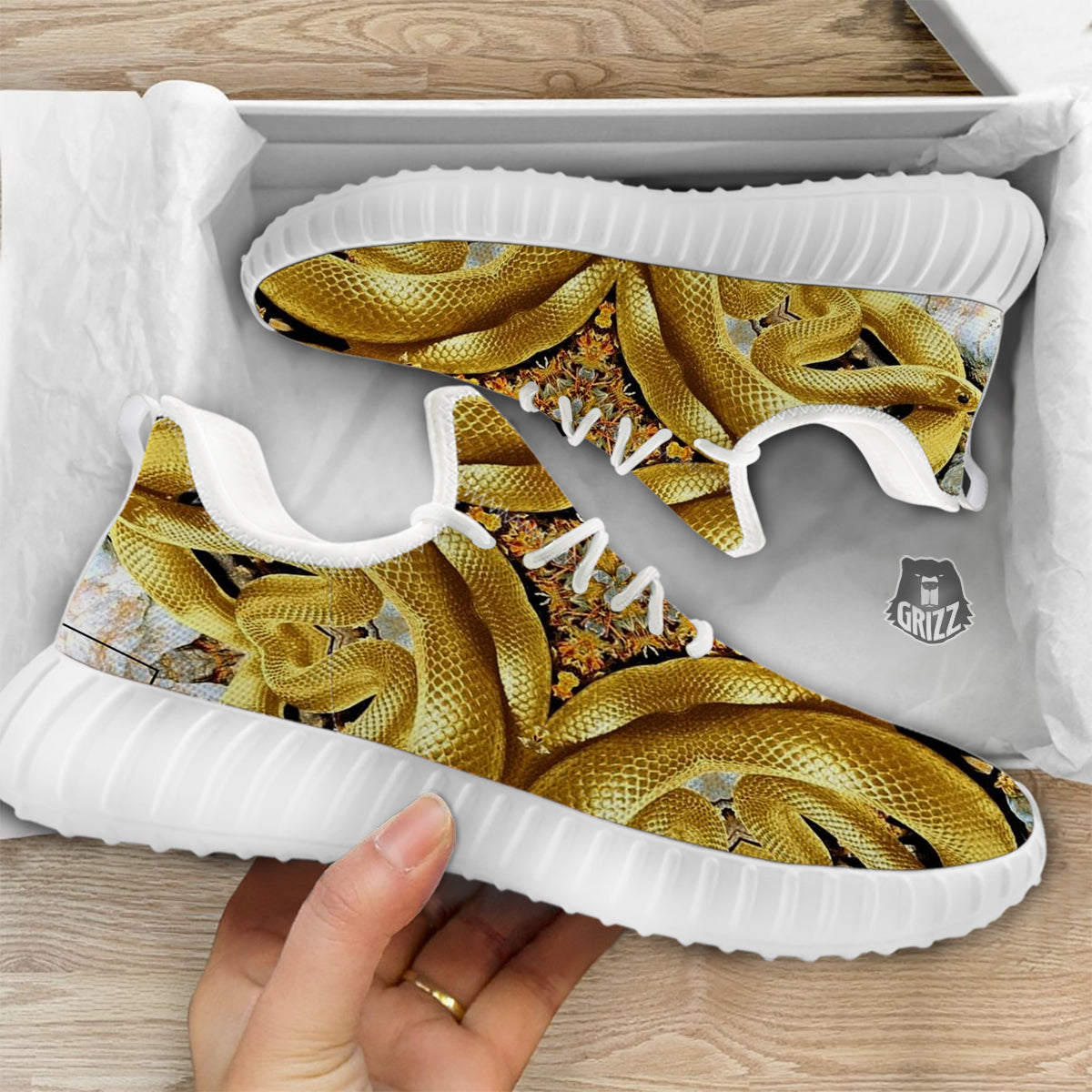 Golden Snake Kaleidoscope Print White Walking Shoes-grizzshop
