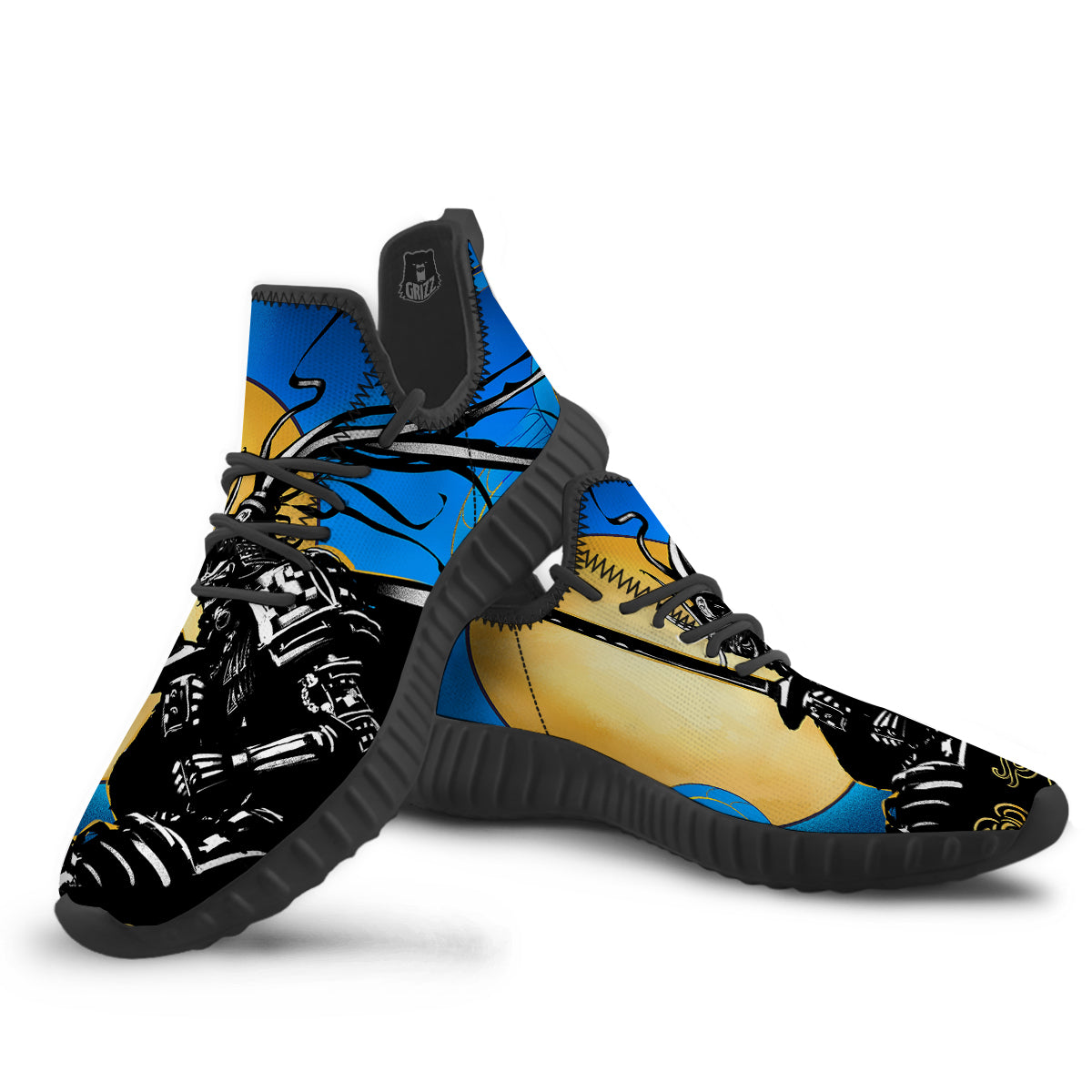 Golden Sun Samurai Blue Sky Print Black Walking Shoes-grizzshop