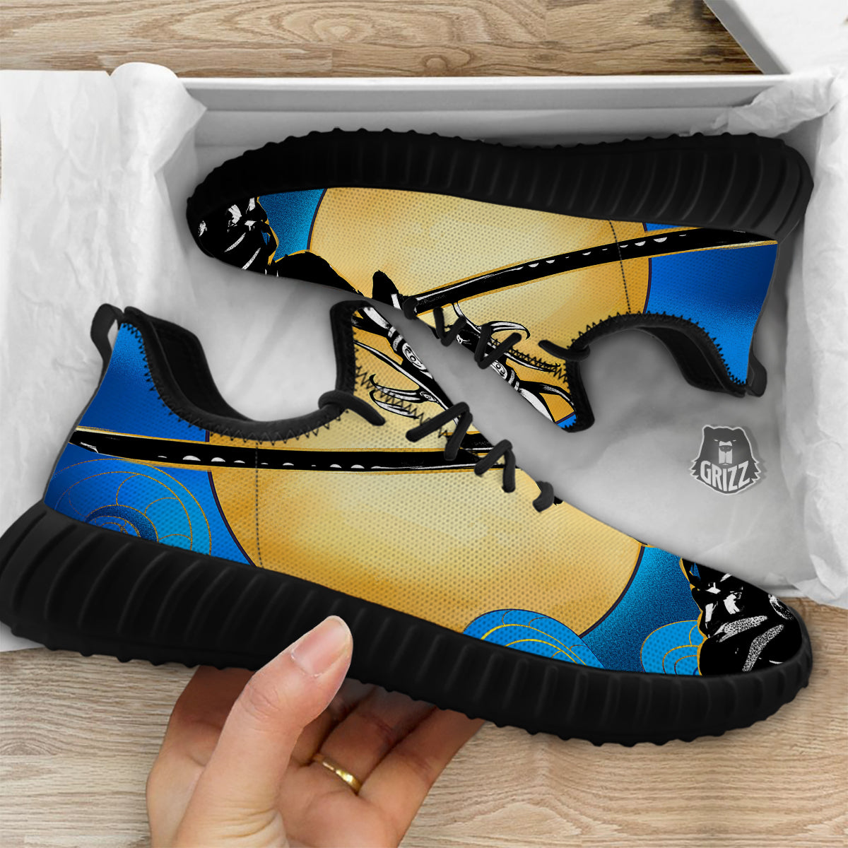 Golden Sun Samurai Blue Sky Print Black Walking Shoes-grizzshop