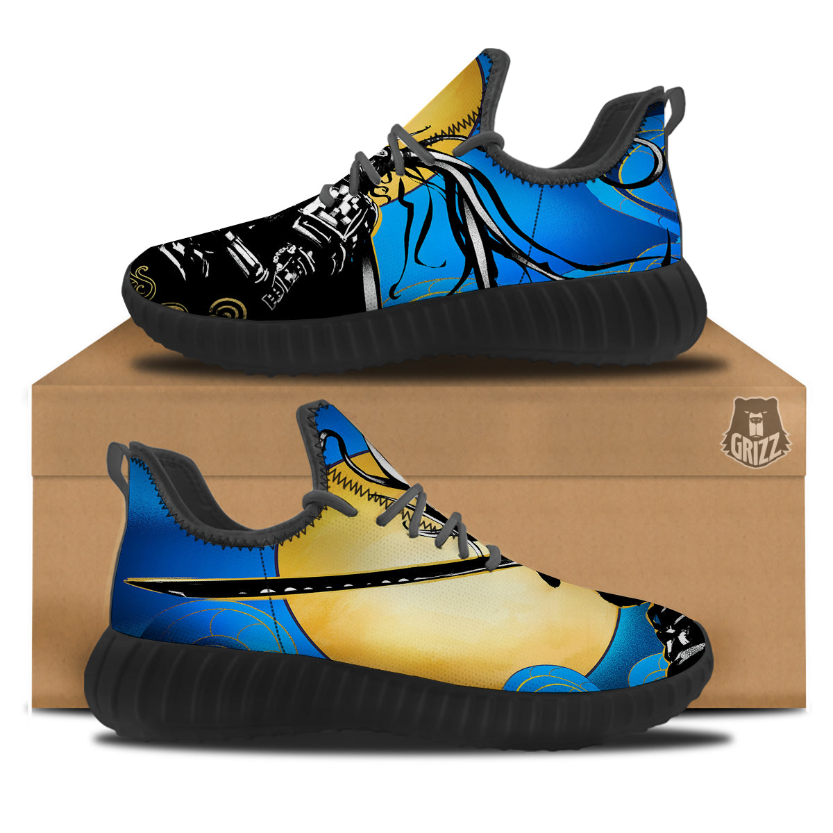 Golden Sun Samurai Blue Sky Print Black Walking Shoes-grizzshop