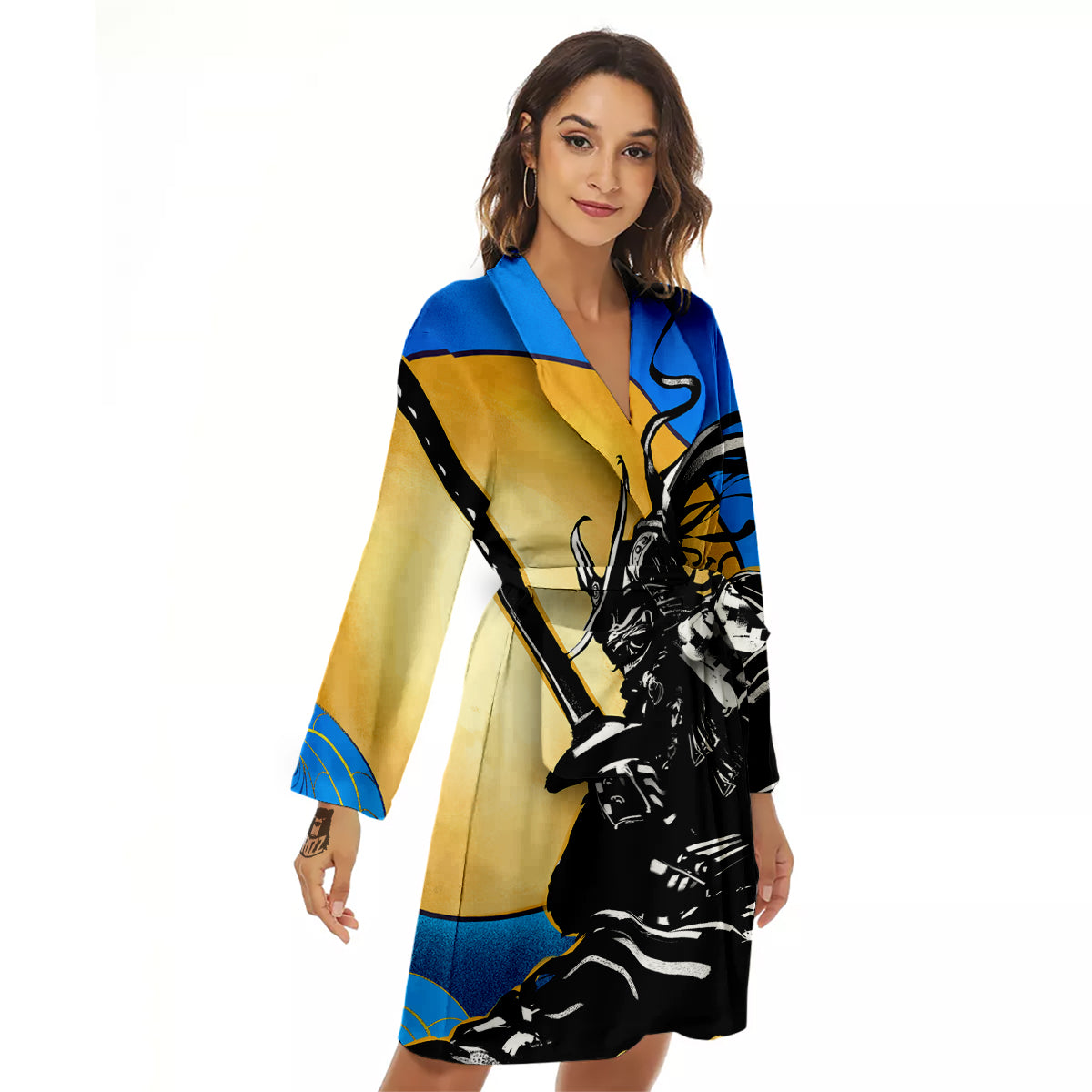 Golden Sun Samurai Blue Sky Print Women's Robe-grizzshop