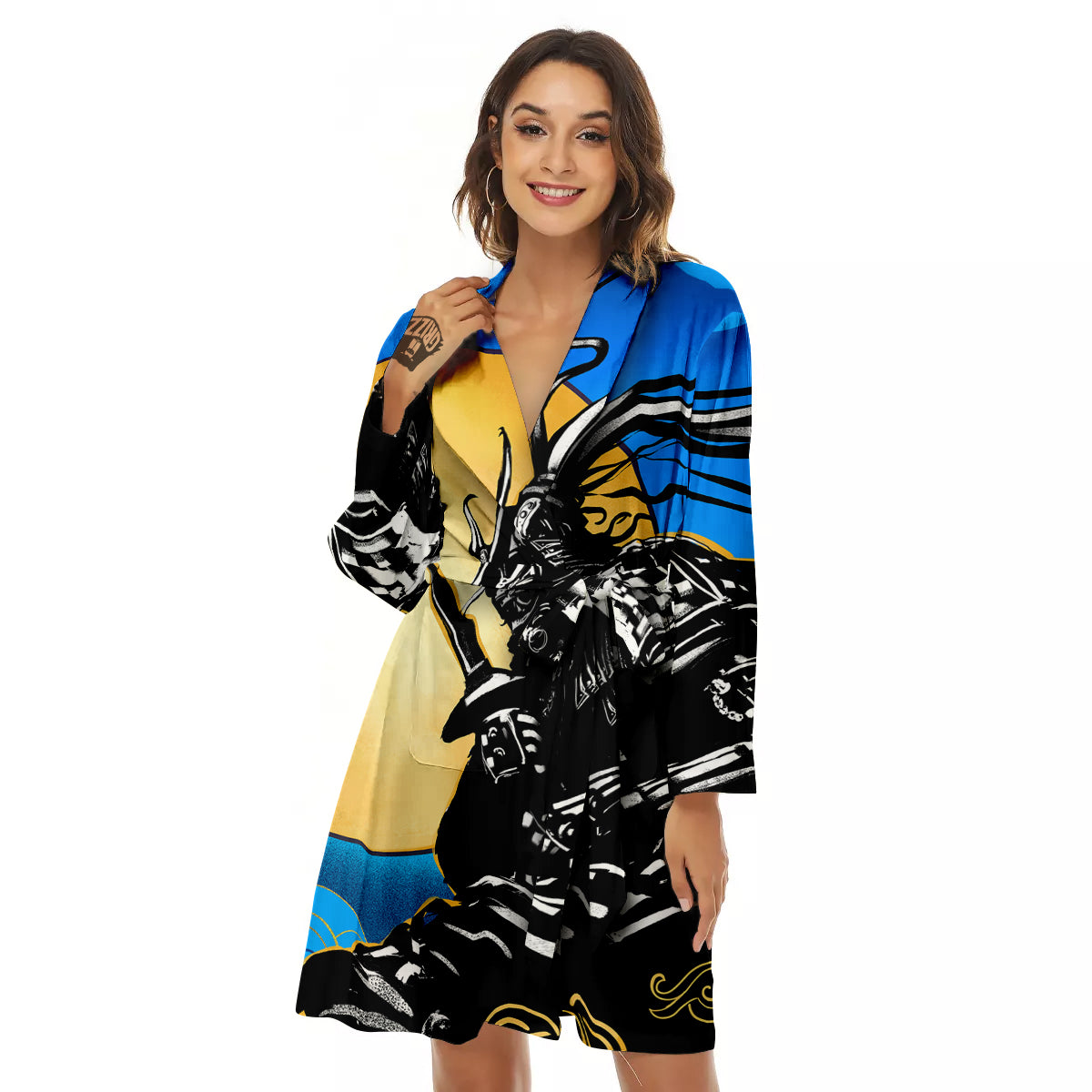 Golden Sun Samurai Blue Sky Print Women's Robe-grizzshop
