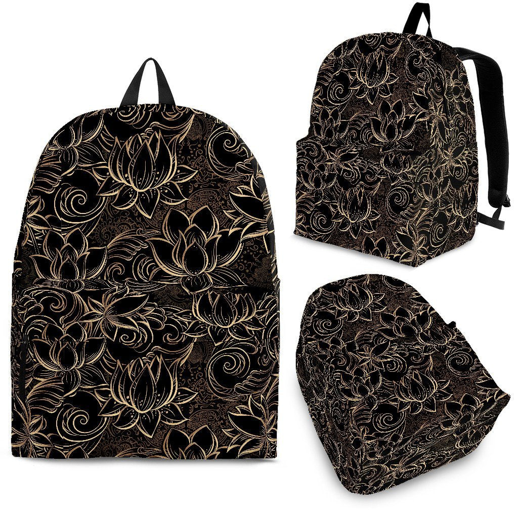 Golden Lotus Pattern Print Backpack-grizzshop